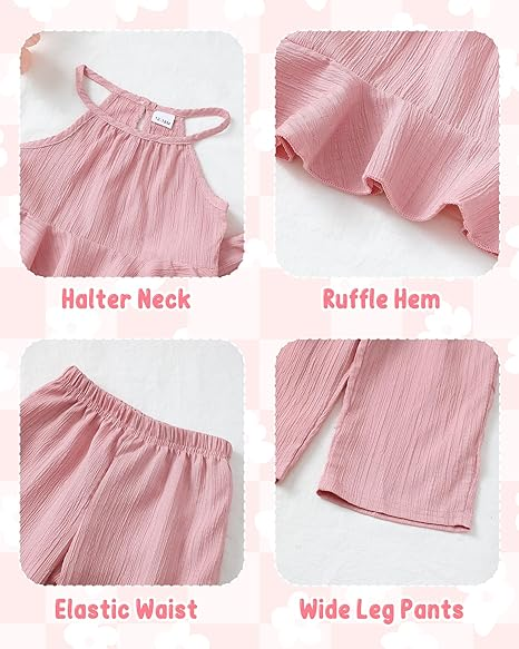 Terteves Toddler Girl Summer Outfit – Ruffle Halter Top & Wide-Leg Pants Clothing Set
