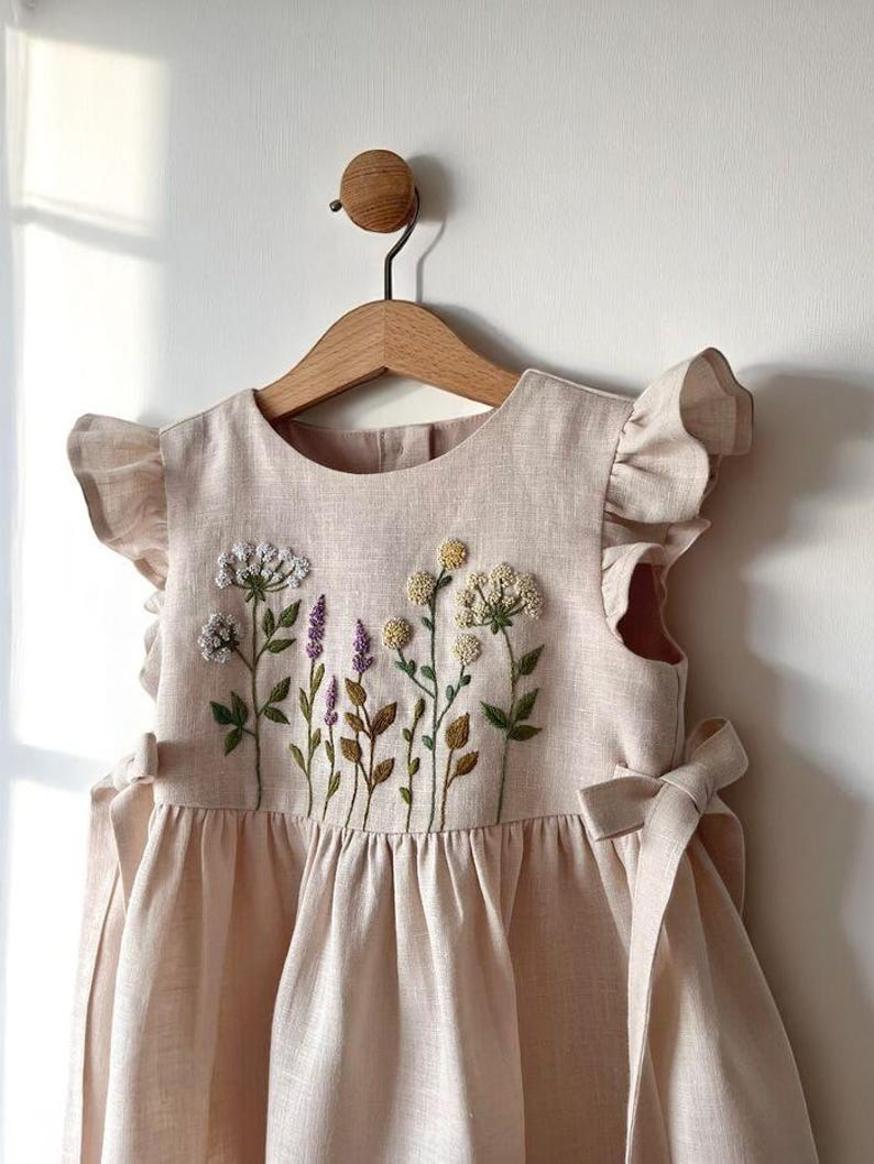 Terteves Wildflower Embroidered Linen Dress for Girls, Custom 1st Birthday Toddler