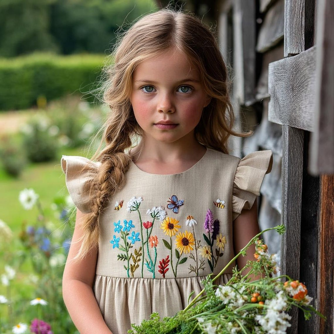 Terteves Wildflower Embroidered Linen Dress for Girls, Custom 1st Birthday Toddler
