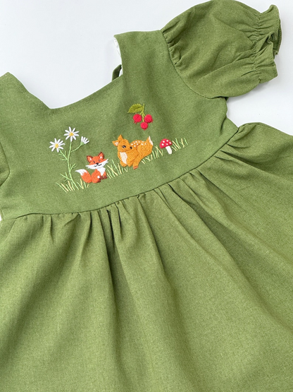 Fox & Deer Hand Embroidered Linen Dress