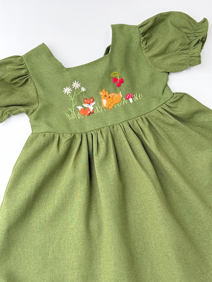 Fox & Deer Hand Embroidered Linen Dress