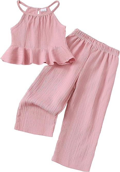 Terteves Toddler Girl Summer Outfit – Ruffle Halter Top & Wide-Leg Pants Clothing Set