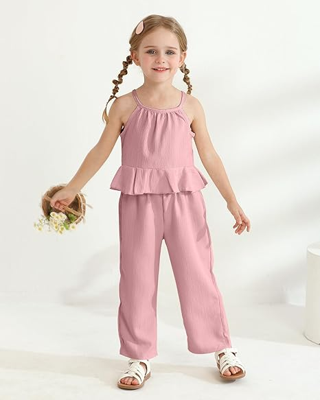 Terteves Toddler Girl Summer Outfit – Ruffle Halter Top & Wide-Leg Pants Clothing Set