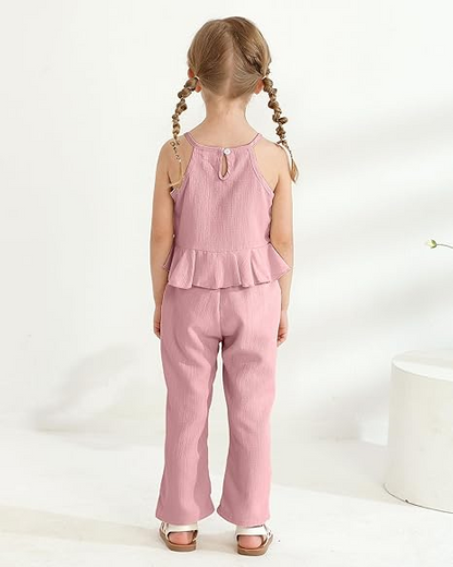 Terteves Toddler Girl Summer Outfit – Ruffle Halter Top & Wide-Leg Pants Clothing Set