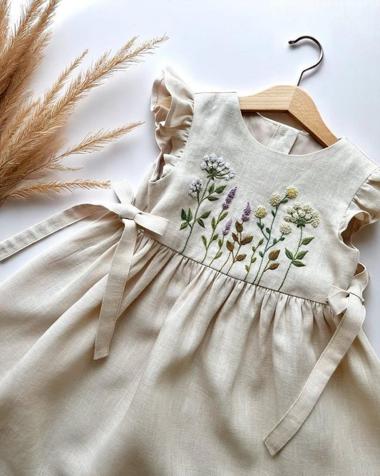 Terteves Wildflower Embroidered Linen Dress for Girls, Custom 1st Birthday Toddler