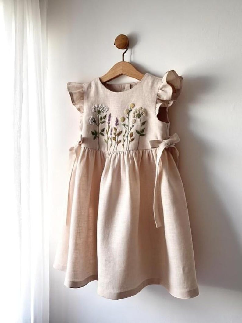Terteves Wildflower Embroidered Linen Dress for Girls, Custom 1st Birthday Toddler