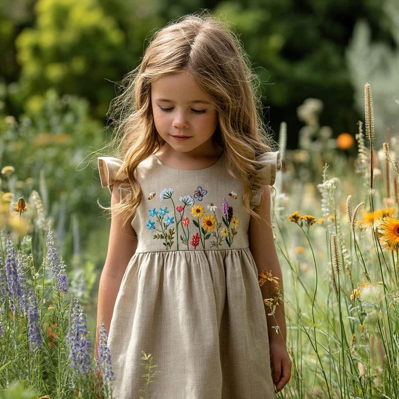 Terteves Wildflower Embroidered Linen Dress for Girls, Custom 1st Birthday Toddler